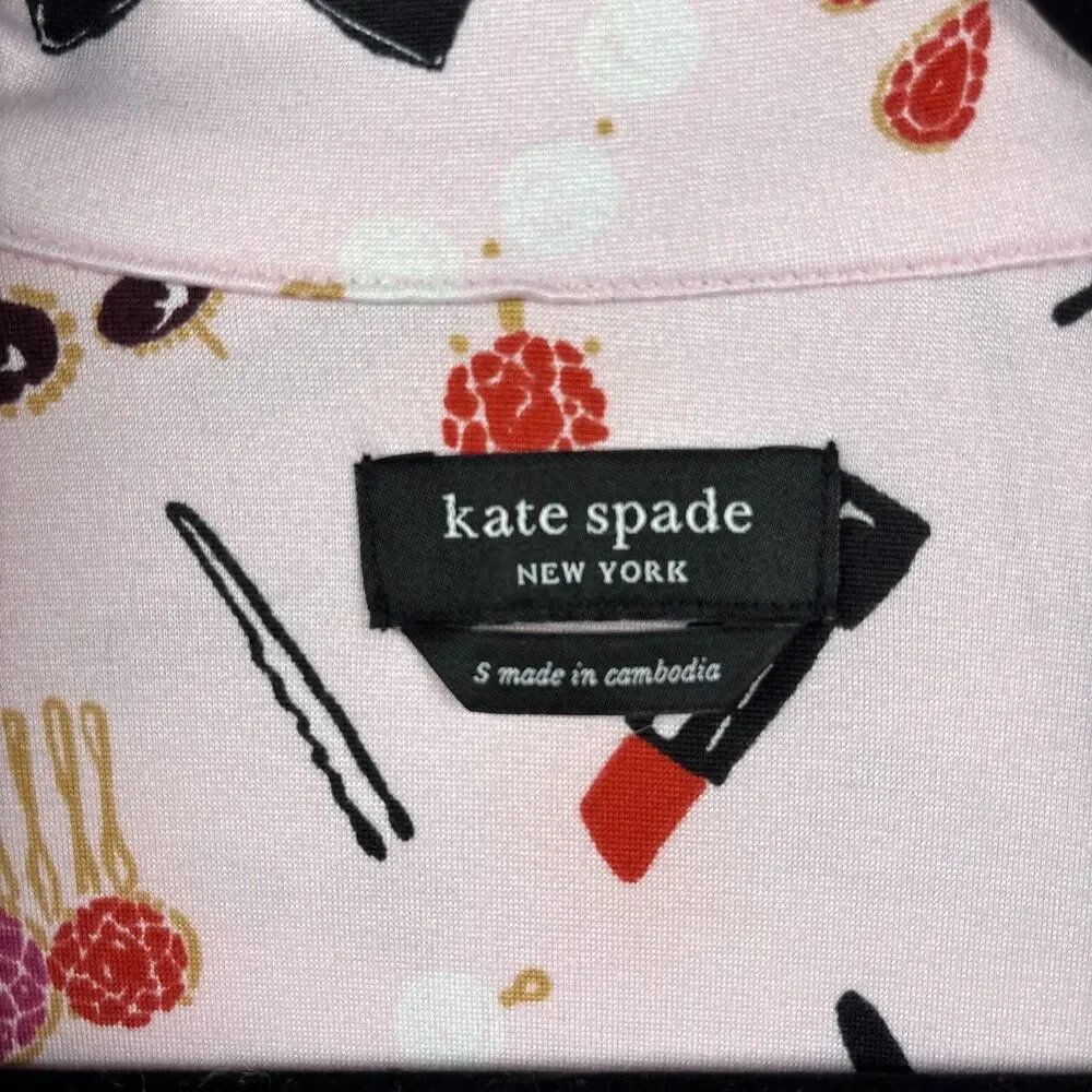 Kate Spade S Pajama Top Pink Long Sleeve Button Lipstick Bow Makeup (no Pants)